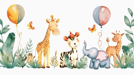 Vibrant Watercolor Safari Animals with Birthday Frames Vector Illustration