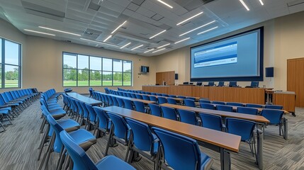 Obraz premium Lecture hall features neatly arranged blue chairs facing a large digital screen
