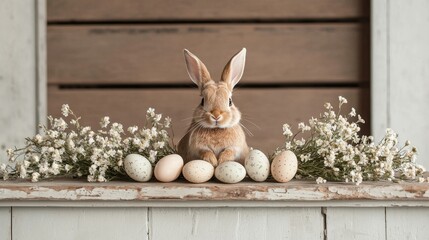 A serene spring display featuring a rabbit surrounded by pastel eggs and delicate flowers on a rustic wooden table.