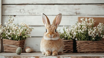 A cute rabbit sits on a wooden table surrounded by baskets of flowers and decorative eggs, embodying a charming springtime atmosphere.