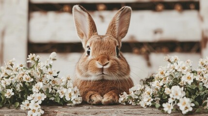 A cute rabbit poses among blooming flowers, creating a serene and charming scene that captures the essence of spring.