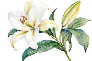 Fototapeta premium Lily harmony concept. Beautiful watercolor illustration of a white lily flower with green leaves.