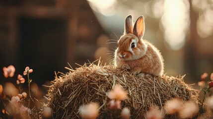 A cute bunny sits on a haystack surrounded by soft flowers, basking in warm sunlight, evoking a serene and peaceful rural atmosphere.