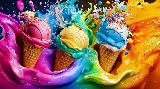 Three ice cream cones in vibrant colors are surrounded by exploding splashes of paint, showcasing a joyful and lively atmosphere