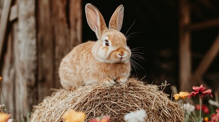 A fluffy rabbit perched on a haystack, surrounded by colorful flowers, exuding a charming and serene farmyard vibe.