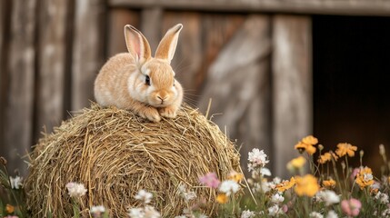 A fluffy rabbit rests on a hay bale surrounded by colorful flowers, set against a rustic wooden background.