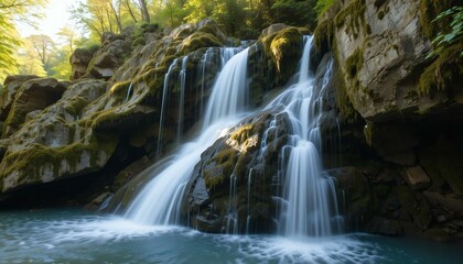 Obraz premium A crystal-clear waterfall cascading into a tranquil pool, surrounded by moss-covered rocks and lush greenery.