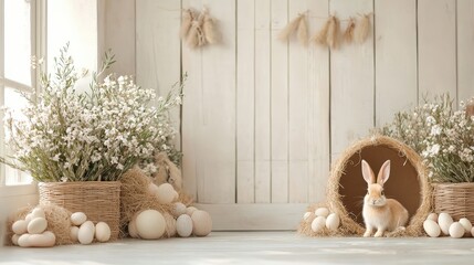 A serene Easter-themed scene featuring a rabbit surrounded by flowers and decorative eggs in a light, airy setting.