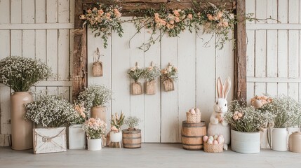 A charming rustic display featuring floral arrangements, a wooden backdrop, and decorative elements like baskets and a bunny, perfect for a spring or Easter theme.