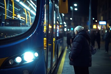 Fototapeta premium Yellow and blue bus with passengers and pedestrians at a busy city stop. Public transport. AI generated image