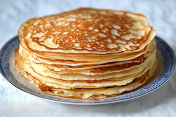 Stack of thin golden crepes served on a decorative plate for breakfast or dessert
