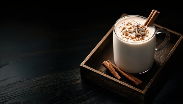 A cozy beverage in a glass, topped with whipped cream and cinnamon, served on a wooden tray with additional cinnamon sticks.