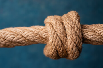 A strong knot tied in thick rope against a blue background