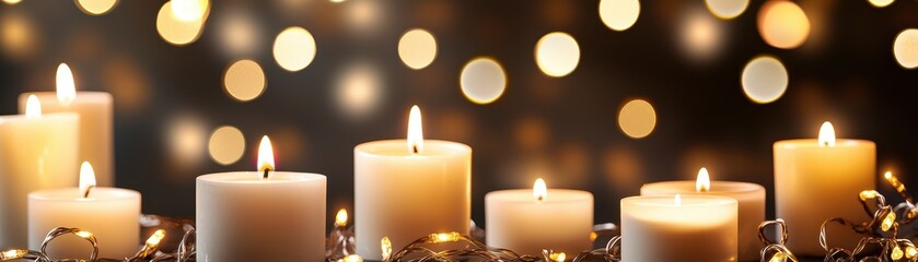 A serene arrangement of lit candles glowing softly against a dark background, surrounded by warm bokeh lights, creating a cozy and inviting atmosphere.