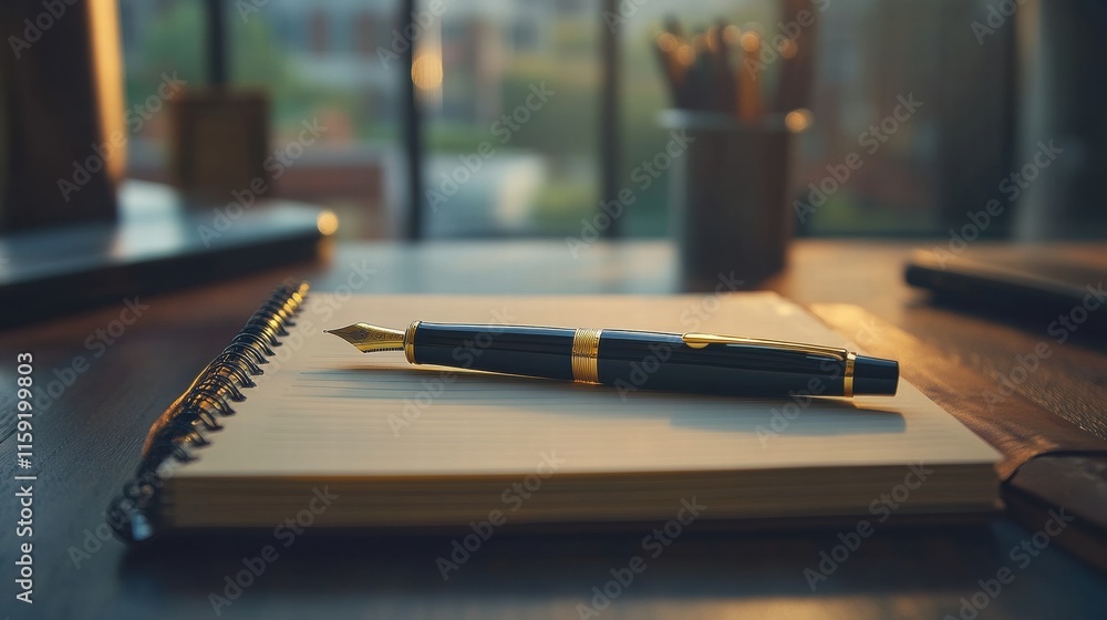 Poster luxury fountain pen with gold accents resting on a notebook in a serene workspace during golden hour