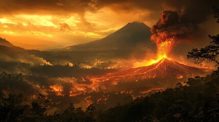 Volcanic eruption releasing lava and ash into the sky during sunset in an active region