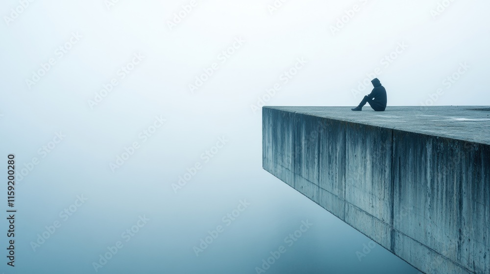 Poster lonely figure seated on a foggy bridge overlooking a misty abyss during twilight hours. generative a