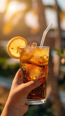 Refreshing drink with lemon held in hand against sunny background
