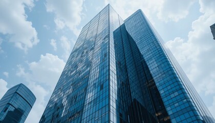 Obraz premium A modern skyscraper with reflective glass panels mirroring the surrounding cityscape.