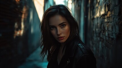 Obraz premium Woman walks through a dark alley, capturing an air of intrigue and solitude in urban surroundings