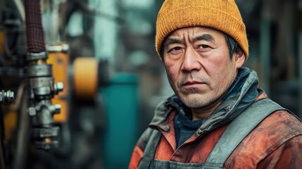 Fototapeta premium Worker focused on equipment in a factory setting during daylight hours