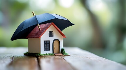 22. House model under an umbrella on a wooden surface, symbolizing home insurance protection