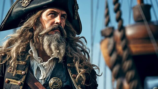 Bearded Pirate Captain on Ship Deck
