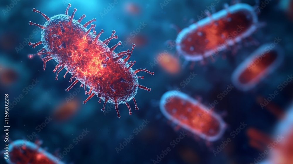 Poster A close-up view of bacteria, showcasing their intricate structures and vibrant colors against a blurred background.