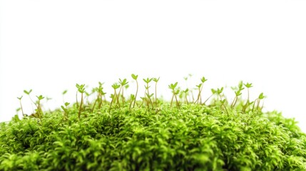 Obraz premium An intricate view of a lush green moss with tiny sporophytes, isolated white background, minimalistic art style