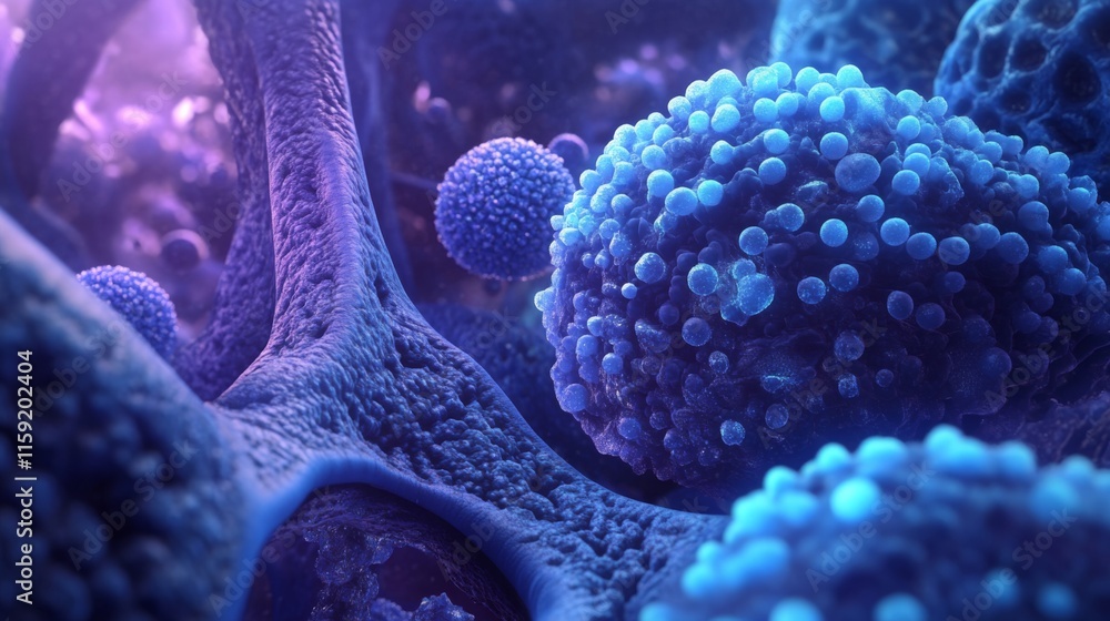 Poster A vibrant microscopic view depicting cellular structures, showcasing intricate details and a mesmerizing blue and purple color palette.