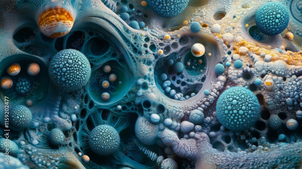 Poster a vivid abstract composition featuring textured spheres in varying shades of blue and orange, resemb