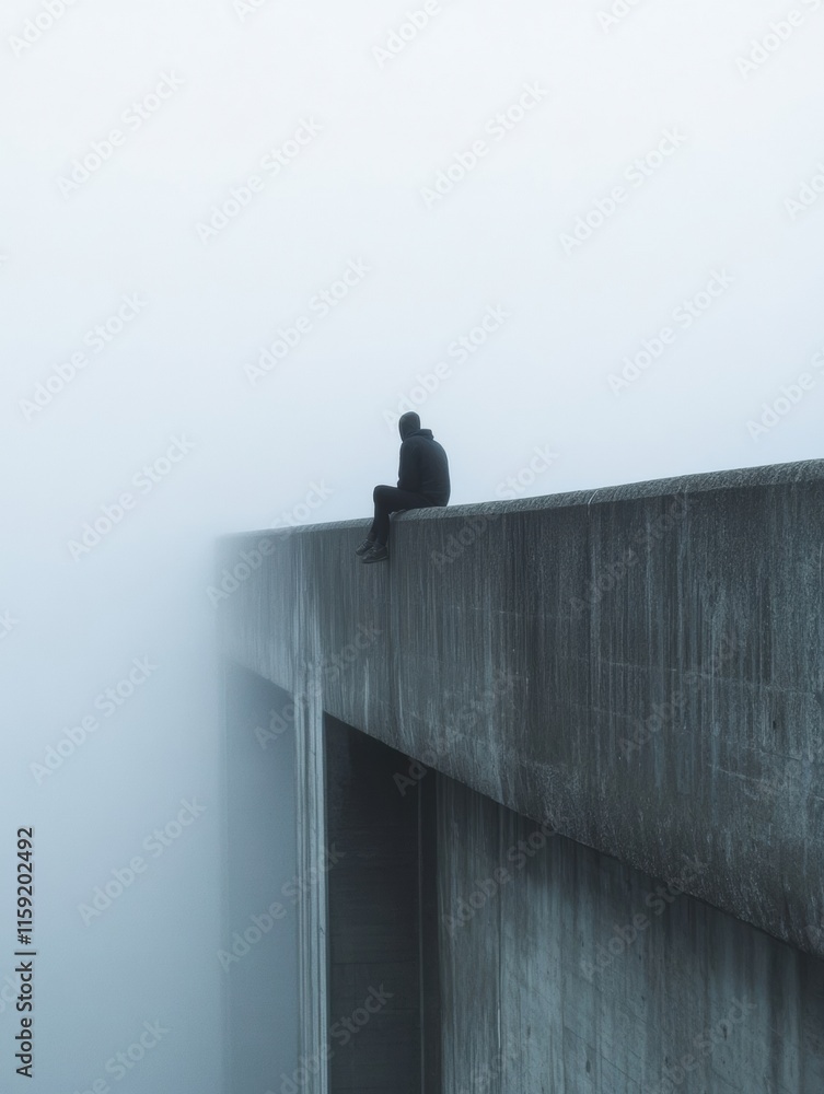 Fototapete lonely figure sitting at the edge of a foggy bridge conveys solitude and contemplation in a mysterio