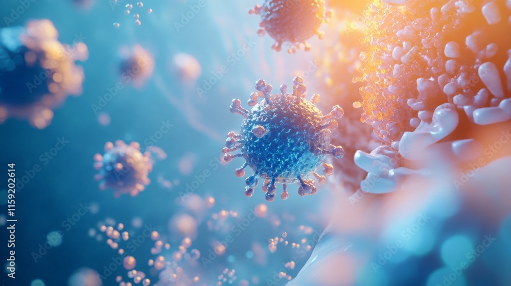 Poster A vibrant and intricate depiction of viruses and cells at a microscopic level, showcasing their structure and interaction in a colorful, abstract environment.
