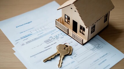 6. House model next to a set of keys and paperwork, symbolizing homeownership