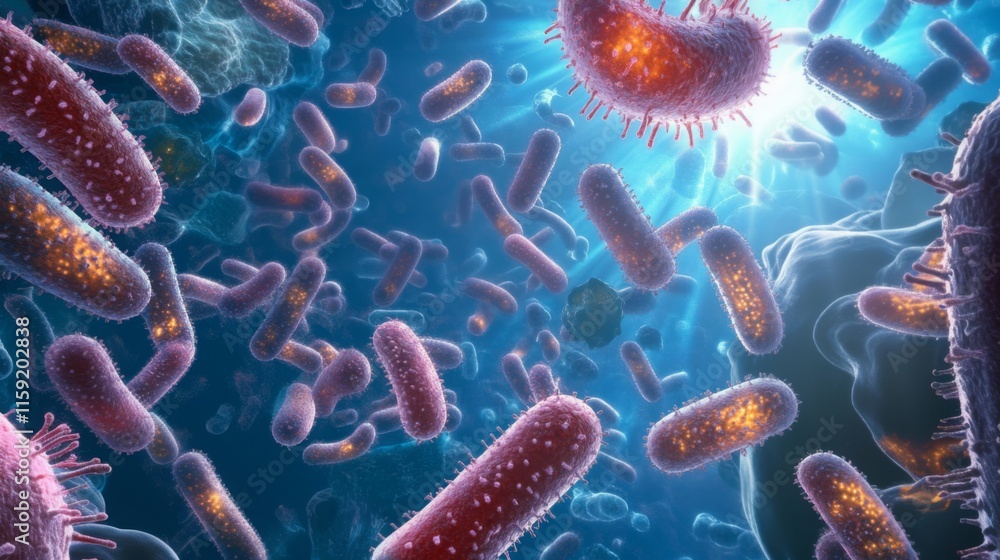 Poster colorful microscopic bacteria floating in a blue environment, showcasing a lively microbial ecosyste
