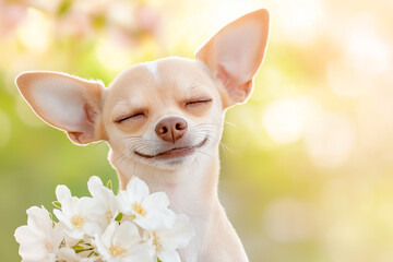 Happy chihuahua holding flowers with a bright and cheerful background