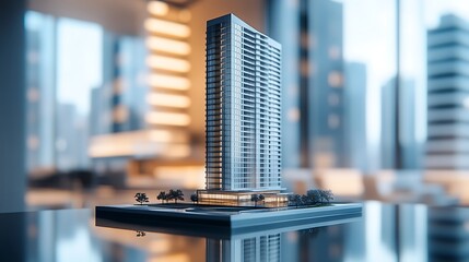 4. A sleek, high-rise condo model displayed on a reflective surface with blurred office background
