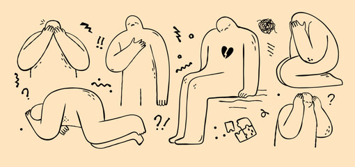 Abstract doodle people in depression set. Hand drawn vector illustration