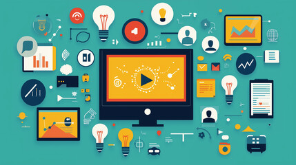 Team Ideation: A flat design of a group of people around a virtual screen, with animated thought bubbles and symbols like lightbulbs, graphs, and arrows representing collaborative smart thinking