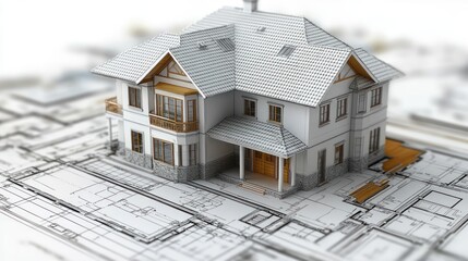 3D rendering of a house on architectural blueprints, showcasing design and structure.