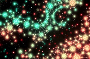 Abstract Cybernetic Art Nouveau Landscape with Glowing Bioluminescent Nodes