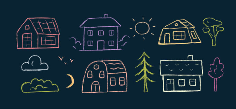 Cute houses and nature chalk doodles in kids style.