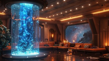 Obraz premium Surreal interior design of futuristic waiting room with glowing blue installation