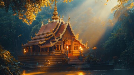 Secluded Thai Temple Pavilion in Lush Tropical Forest