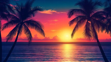 Silhouettes of dark palm trees against a vibrant tropical ocean sunset with gradient sky and reflective waters, exotic island paradise vector illustration