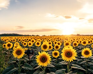 Fototapeta premium A vibrant field of sunflowers under a stunning sunset, capturing nature's beauty and tranquility in a picturesque landscape.