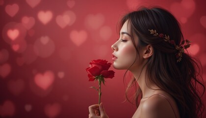 Naklejka premium profile of an elegant woman holding a red rose close to her to feel its scent and the atmosphere of love
