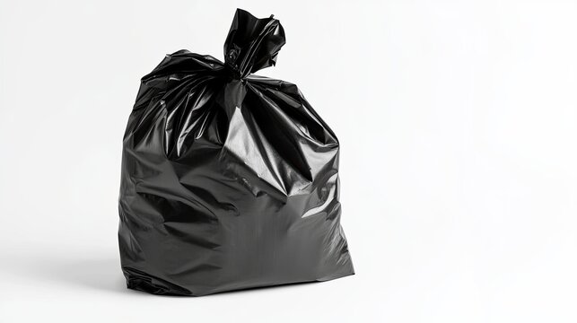 Black garbage trash bag on white background
