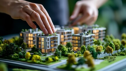 16. Hands placing a condo model on a green surface with small decorative landscaping