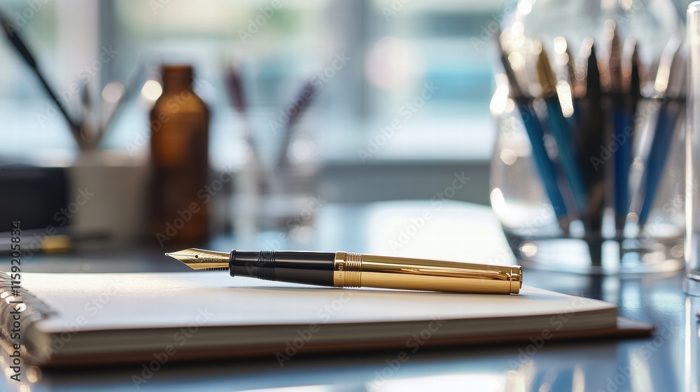 Aufkleber Luxurious fountain pen with golden accents rests on a sketchbook by a bright window in a serene workspace. Generative AI